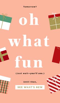 a pink poster with presents on it that says, oh what fun? until then see what's new