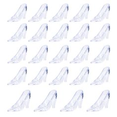 twelve pairs of clear high heeled shoes on a white background with clipping for each shoe