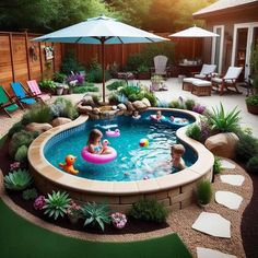 an outdoor pool with children in it