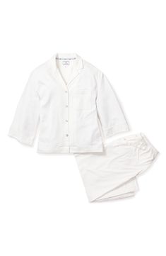 Feel cool and comfy in supersoft pima-cotton pajamas that pairs a notched-collar top with matching wide-leg pants. Top has notched collar; long sleeves 100% cotton Machine wash, dry flat Made in Peru Classic White Cotton Sleepwear, Classic Cotton Loungewear Set, Classic Relaxed Fit Pajama Party Sets, Classic Relaxed Fit Sets For Pajama Party, Classic Sleep Sets With Relaxed Fit, Classic White Sleepwear For Pajama Party, Classic Cotton Sets With Relaxed Fit, Classic Cotton Sleepwear For Pajama Party, Classic Relaxed Fit Loungewear Sets