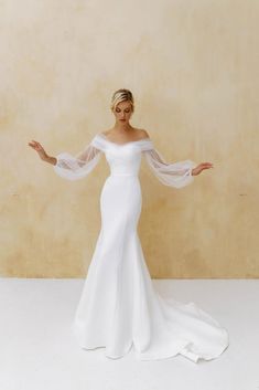 Wedding gown Natalia Romanova Lance | LUXX NOVA Fit And Flare Wedding Dress, White Wedding Dress, Dream Wedding Ideas Dresses, Sleeve Wedding Dress, Satin Wedding Dress, Long Sleeve Wedding, Bridal Robes, Satin Wedding, Long Wedding Dresses