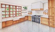 an artist's rendering of a kitchen with wood cabinets