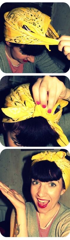 Yellow Bandana Rockabilly Hair Tutorials, Rockabilly Hair, Pin Up Hair, Bandana Hairstyles, Short Haircut, Retro Hairstyles, Vintage Hairstyles, Hair Dos, Scarf Hairstyles