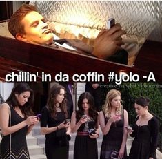 people standing around looking at their cell phones and texting on the same page that reads, chillin'in da coffin yolo - a