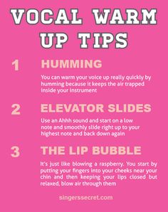 a pink poster with the words vocal warm up tips