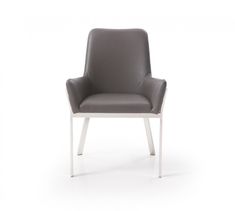 a gray leather chair sitting on top of a white frame