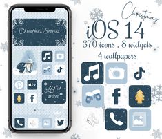 an iphone with christmas icons on the screen and in front of it is a snowflaked background