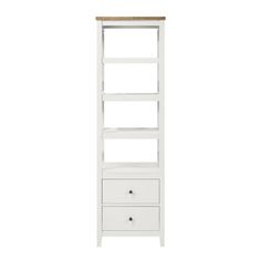 a white bookcase with drawers on the bottom and two drawers below it, against a white background