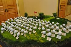 a group of white balls sitting on top of a lush green field