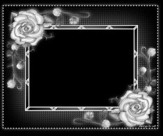 a black and white photo frame with roses in the middle, on a dark background