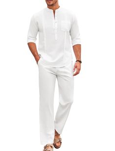 PRICES MAY VARY. [Premium Fabric]Men cuban guayabera outfits are made of great fabric, comfortable, breathable and lightweight, keeps you feeling cool and relaxed. The two piece outfits signals the start of holiday! [Fashion Guayabera Set] Men's 2 piece cotton linen set is a combo of henley shirt and elastic waist pants, featuring band collar, 5 buttons, chest pocket,cuban style,long sleeve, elastic waist with drawstring, two side pockets. It's not only a combo, the shirt and the pant can be als Men Shirts Outfits, Boho Beach Wedding Groom Attire, White Cotton Outfit, Men’s Dress Attire For Beach Wedding, Men Birthday Outfit Mens Fashion, Men’s Boho Style, Beach Wedding Attire For Men Guest, Mens White Outfit, Beach Attire Men