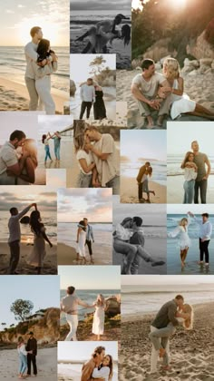 a collage of people standing on the beach with their arms around each other and kissing