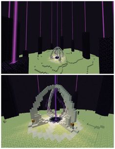 two different views of the same area in minecraft, one with purple lights on it