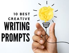 a hand holding a yellow lightbulb with the words writing prompts written below it