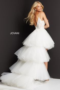 Jovani 07263 Long High Low Prom Pageant Gown Available Size-00-24 Available Color- Off/White, Lilac, Mint High Low Prom Dress, Tiered Tulle Skirt, Jovani Prom, Prom Dresses Jovani, Layered Tulle Skirt, Embroidered Bodice, Prom Dress Styles, Unique Prom Dresses, Pageant Gowns