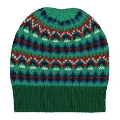 a green and red knitted hat on a white background