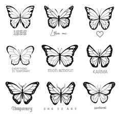 six different butterflies with the names of each butterfly in black and white, on a white background