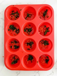 an ice tray filled with tomatoes and other toppings on top of a marble counter