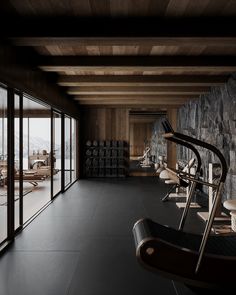 an indoor gym with stone walls and large windows overlooking the mountain range in the distance