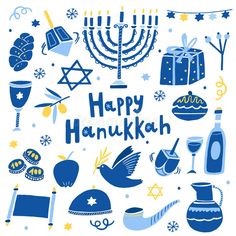 happy hanukkah greeting card with menorah, candles and other items