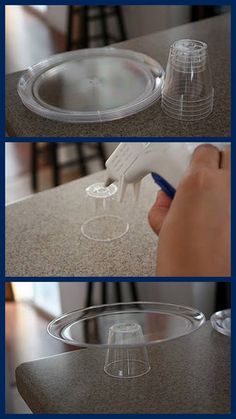 three pictures showing how to use a plastic cup and saucer on a counter top