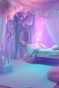 a mermaidcore aesthetic bedroom. with iridescent silk bedding and pillows. hanging stars and sheer curtains that resemble waves. a blue carpet and golden mirror. Pink And Purple Bedroom, Mermaid Room Decor, Vibe Bedroom, Mermaid Bedroom, Ocean Room, Mermaid Room, Purple Bedroom, Fantasy Rooms, Pastel Room