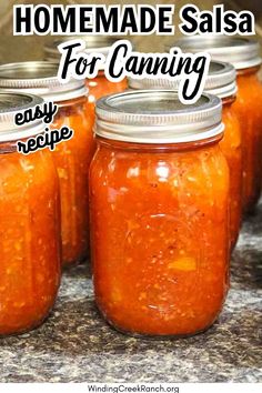 homemade salsa for canning in mason jars with text overlay reading homemade salsa for canning easy recipe