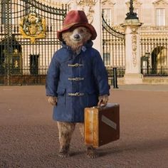 a teddy bear wearing a blue coat and hat holding a suitcase in front of a gate