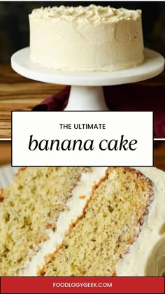 the ultimate banana cake with white frosting is on a plate and there are two slices missing