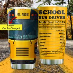 a yellow school bus driving down a road next to a tall cup with information on it