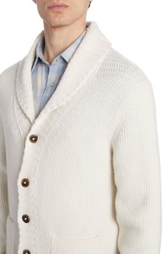 Supersoft Italian cashmere furthers the luxe look and feel of this handsome shawl-collar cardigan. 26 1/2" length (size 50 EU) Front button closure Shawl collar Long sleeves Ribbed cuffs and hem Front patch pockets 100% cashmere Dry clean Made in Italy Designer Clothing Elegant Fitted Cardigan With Shawl Collar, Elegant Fitted Shawl Collar Cardigan, Classic Fitted Sweater Coat With Shawl Collar, Classic Fitted Shawl Collar Cardigan, Elegant Wool Cardigan With Shawl Collar, Classic Fitted Cardigan With Shawl Collar, Elegant Wool Cardigan With Lapel Collar, Formal Fall Cardigan With Shawl Collar, Elegant Winter Cardigan With Lapel Collar