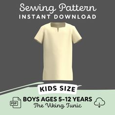 "The Viking Tunic Pattern (Kids Size!) ➽ INSTANT DOWNLOAD Create a tunic for a renaissance faire outfit, viking or knight costume for boys aged 5-12! Pattern includes PDF files for 8 sizes for a Tunic Shirt. ✤ THIS IS A DIGITAL DOWNLOAD SEWING PATTERN ✤ Download includes: ✔ 15-page Illustrated Instruction Guide, Yardage & Supplies List, Modification Tips, and a Print Assembly Guide. ✔ 8 PDF pattern sizes (US Boy's Ages 5-12 / Sizes 5-16) ✔ 8 Letter / A4 sized \"Print at Home\" PDFs ✔ 8 Arch E / A0 sized Large Format Plotter Printer PDFs ♦ Difficulty: Intermediate ♦ Check out the listing images for a list of sewing skills needed for assembly Pattern is designed for knits & stretch materials. ✔ You will receive instantly downloadable pattern files. Each size has its own document. Easily prin Link Tunic Pattern, Tunic Pattern Free, Faire Outfit, Costume Viking, Fair Outfit, Viking Tunic, Boy Sewing, Shirt Sewing, Fair Outfits