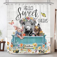 a shower curtain with cows and flowers on it that says, hello sweet cheeses