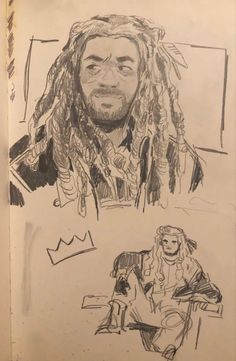 a drawing of a man with dreadlocks and a woman sitting on a chair