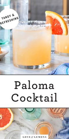 two glasses filled with paloma cocktail on top of a table