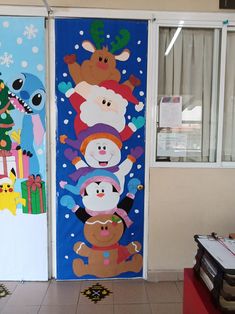 two doors decorated with cartoon characters and christmas decorations