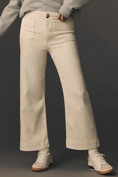 Denim, decoded: This fall, we’re digging denim in every corner of our closet. The pant so beloved, it sparked its own collection. Marked by a breezy wide-leg silhouette and form-fitting high-rise, the Colette Pant is tried, trued, and rave-reviewed. | The Colette Cropped Wide-Leg Jeans by Maeve in White, Women's, Size: 31, Cotton/Elastane/Lyocell at Anthropologie Fall Cotton Wide-leg Cropped Jeans, Top Shop Jeans, Anthropologie Collette Pants Outfit, Anthropologie Colette Pants, Maeve Colette Cropped Wide-leg Pants, Cream Wide-leg Denim Pants, Anthropologie Fall, Cropped Wide Leg Jeans, Topshop Jeans