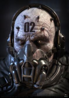 a man wearing a gas mask with the number 02 on it's face and nose