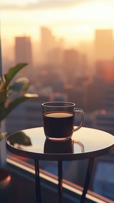 a cup of coffee sits on a table in front of a window overlooking the city