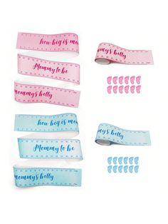 some pink and blue measuring tape with words on the top one says, how big is my mommy?