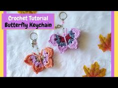 crochet butterfly keychains are shown in three different colors