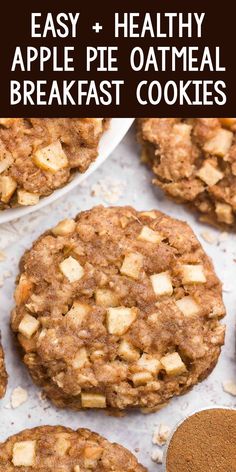 healthy apple pie oatmeal breakfast cookies with cinnamon sugar and apples on top