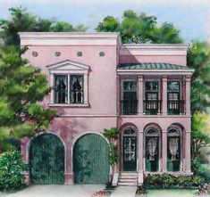 this is an artist's rendering of a pink house with green doors and windows