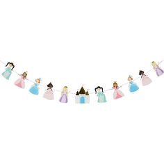 some little princesses are hanging from a line with clothes pins on the clothesline