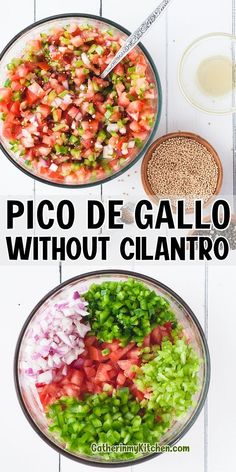 the ingredients for pico de galloa are shown in separate bowls, including onions, celery and tomatoes