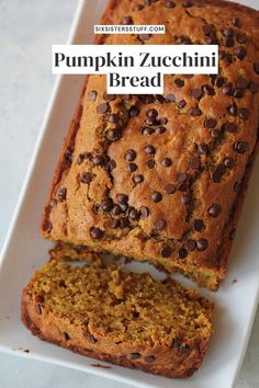 pumpkin zucchini bread on a white plate with text overlay that reads, pumpkin zucchini bread