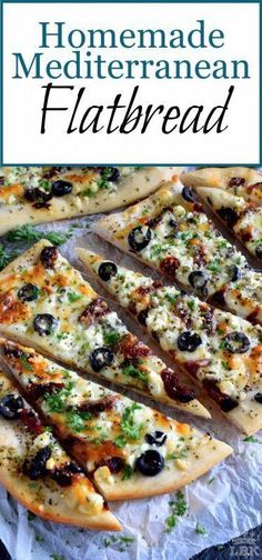 homemade mediterranean flatbread pizza with olives and parmesan cheese on the top