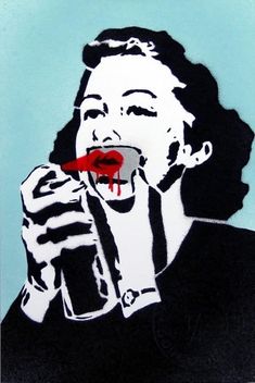 a painting of a woman holding a cell phone to her mouth with blood dripping from it