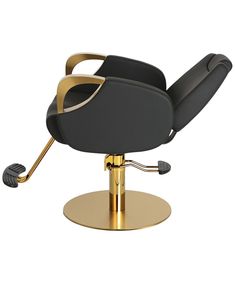 a black and gold reclining chair sitting on top of a metal base with an arm rest