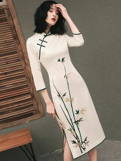 Qipao Gown, White Midi, Chinese Clothing, Traditional Fashion